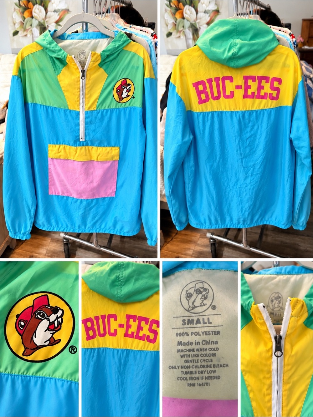 Buc-ee's Colorblock Pullover Windbreaker Hoodie - Blue/Yellow/Green/Pink Size S